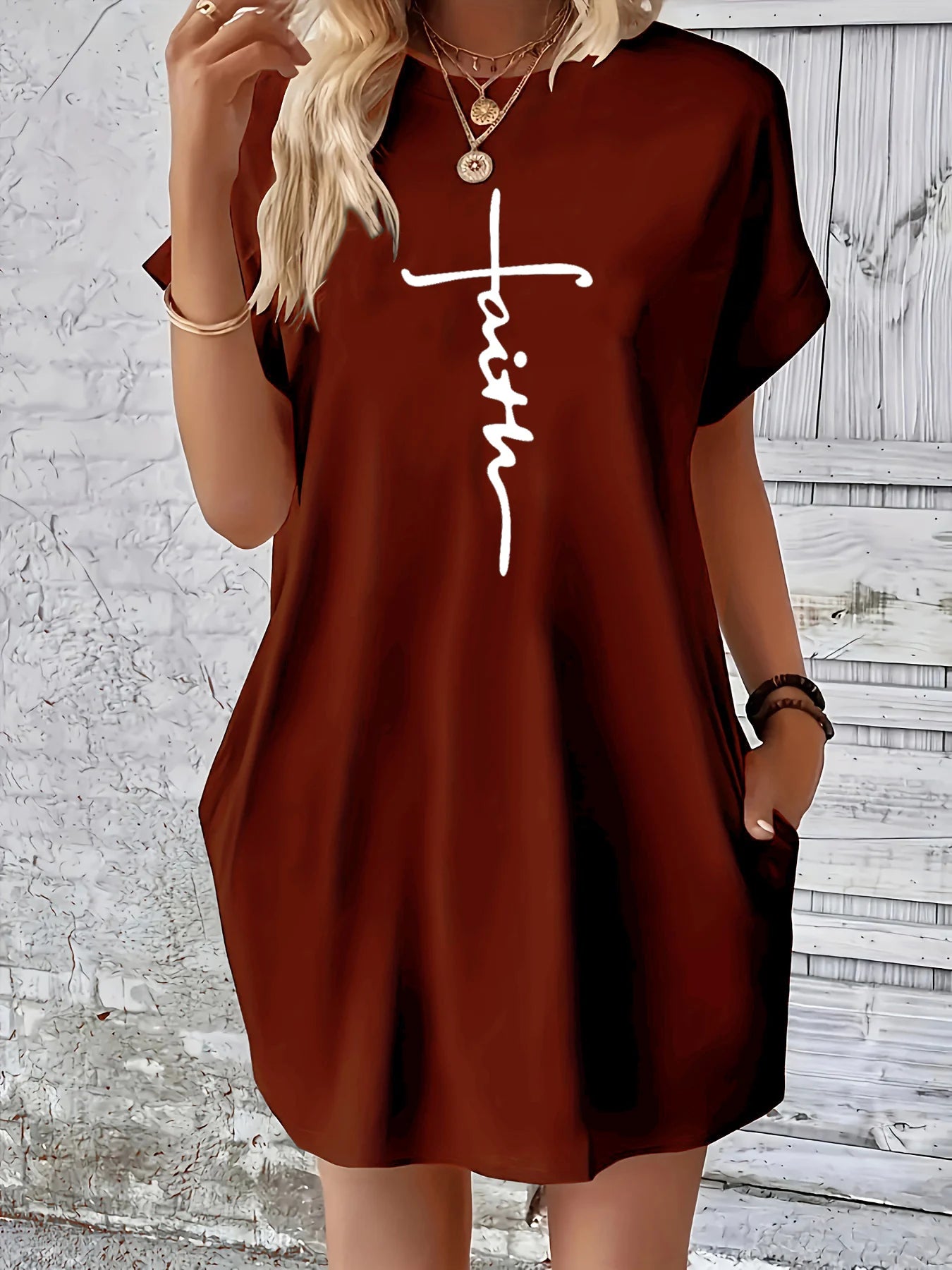 Women's Summer Loose Cross faith Print Round Neck Short Sleeve Pocket Comfortable Casual Plus Size Dress