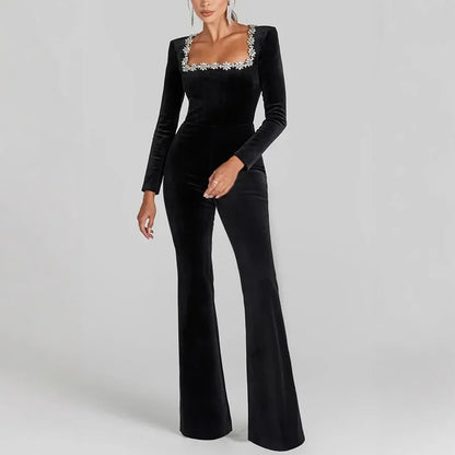 2025 New Women's Black Bandage Jumpsuit Square Neck Diamond High Waist Wide Leg Jumpsuit Elegant Trendy Party Jumpsuit