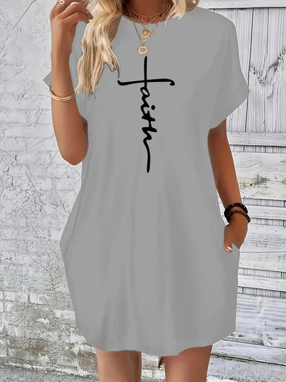 Women's Summer Loose Cross faith Print Round Neck Short Sleeve Pocket Comfortable Casual Plus Size Dress