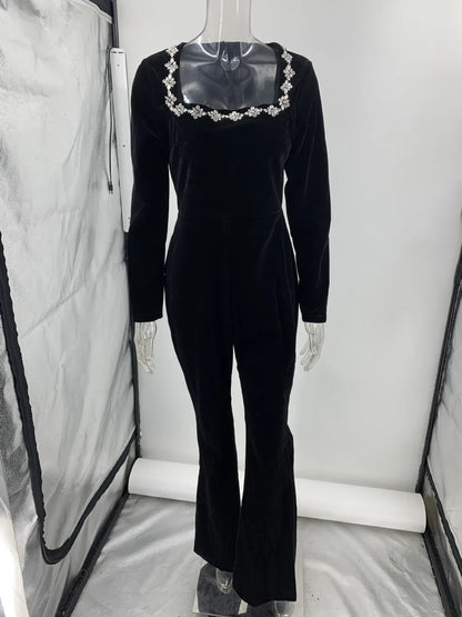 2025 New Women's Black Bandage Jumpsuit Square Neck Diamond High Waist Wide Leg Jumpsuit Elegant Trendy Party Jumpsuit