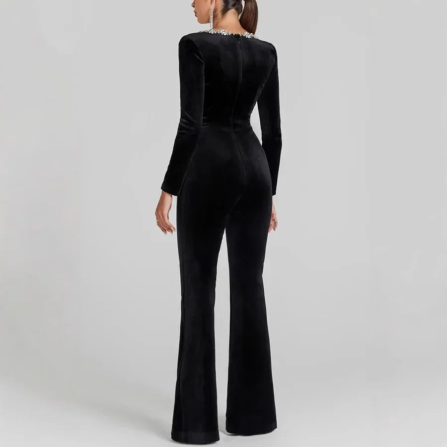 2025 New Women's Black Bandage Jumpsuit Square Neck Diamond High Waist Wide Leg Jumpsuit Elegant Trendy Party Jumpsuit