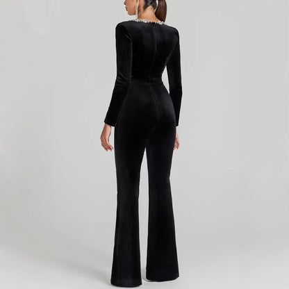 2025 New Women's Black Bandage Jumpsuit Square Neck Diamond High Waist Wide Leg Jumpsuit Elegant Trendy Party Jumpsuit
