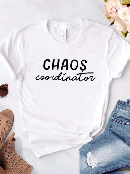 Women T Shirt Chaos Coordinator Letters Print Tshirt Women Short Sleeve O Neck Loose T-shirt Ladies Causal Tee Shirt Tops