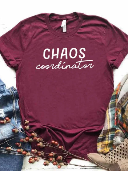 Women T Shirt Chaos Coordinator Letters Print Tshirt Women Short Sleeve O Neck Loose T-shirt Ladies Causal Tee Shirt Tops