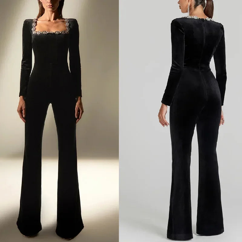 2025 New Women's Black Bandage Jumpsuit Square Neck Diamond High Waist Wide Leg Jumpsuit Elegant Trendy Party Jumpsuit