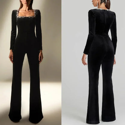 2025 New Women's Black Bandage Jumpsuit Square Neck Diamond High Waist Wide Leg Jumpsuit Elegant Trendy Party Jumpsuit