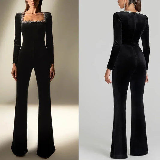 2025 New Women's Black Bandage Jumpsuit Square Neck Diamond High Waist Wide Leg Jumpsuit Elegant Trendy Party Jumpsuit